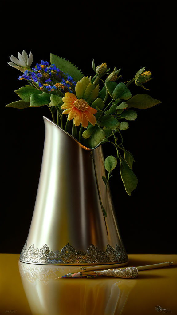 Silver Vase with Orange Flower on Black Background
