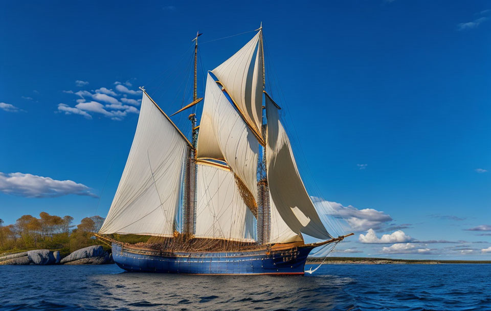 Traditional sailing ship with white sails near coastline in blue waters