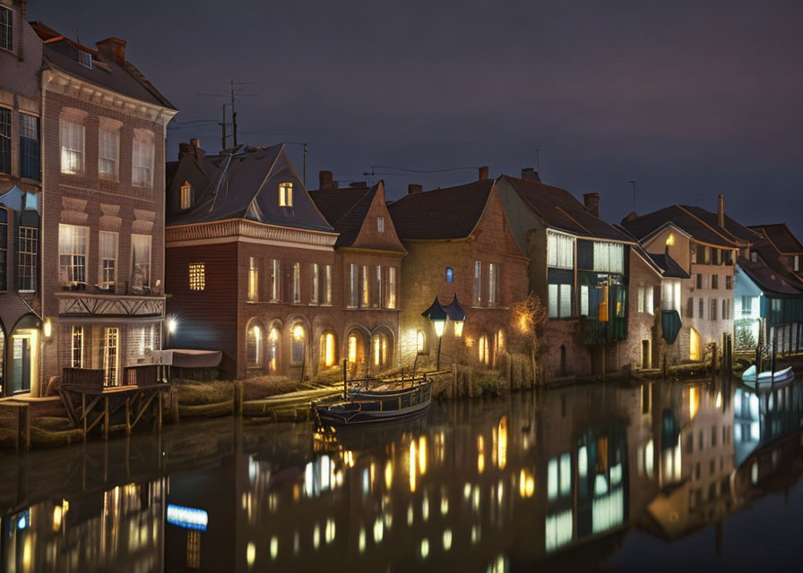 Serene canal at twilight with illuminated historical buildings reflected