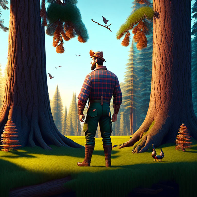 Plaid-wearing lumberjack in forest with birds and ducks