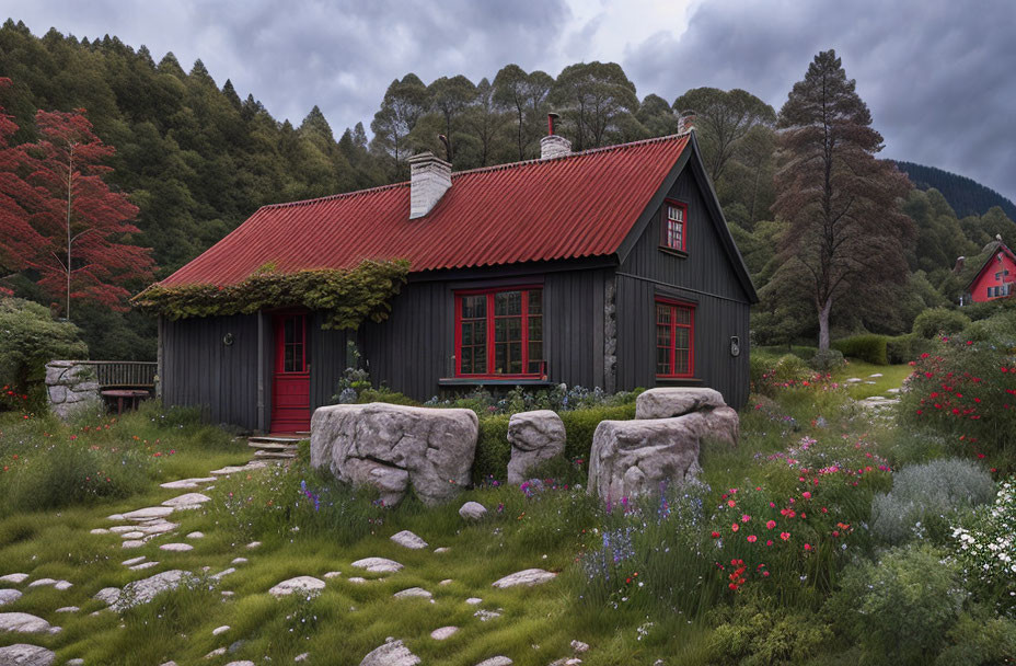 Black wooden house with red door, grass roof, flower garden, stones, forest view