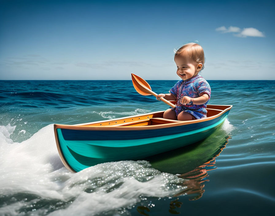 Colorful Wooden Boat Paddled by Joyful Toddler on Sunlit Seas