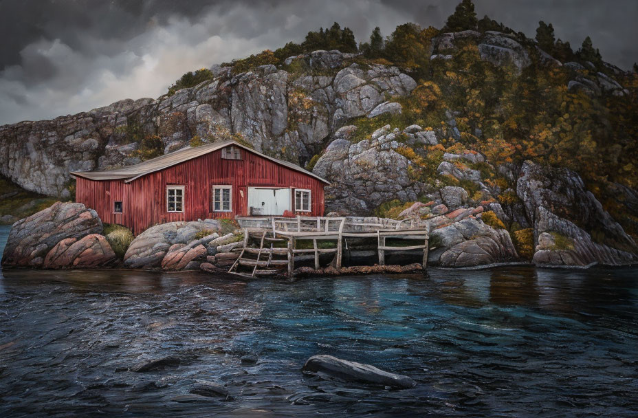 Red Cabin with White Trim on Rocky Terrain by Dark Water Pier