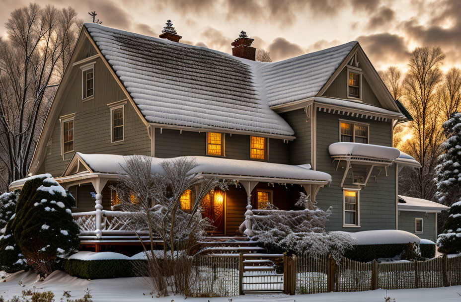 Snow-covered two-story house illuminated at twilight