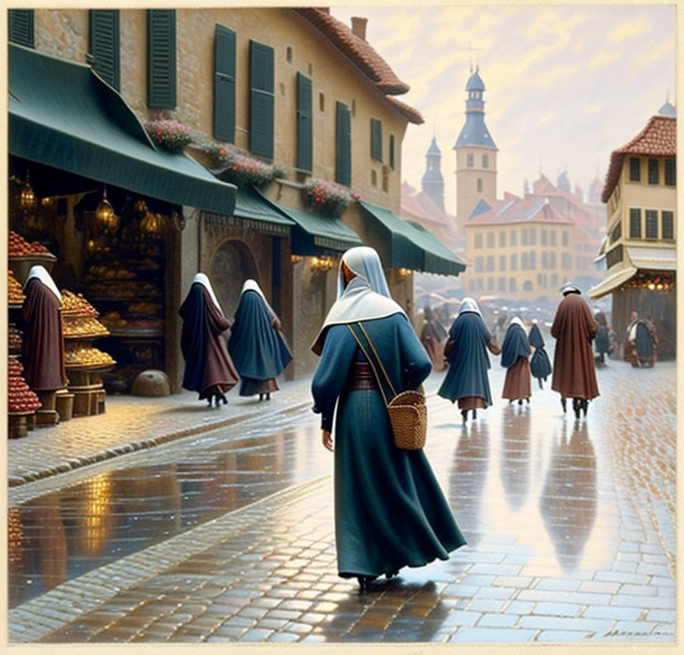 Nuns walking on wet cobblestone street in old town with historic buildings.