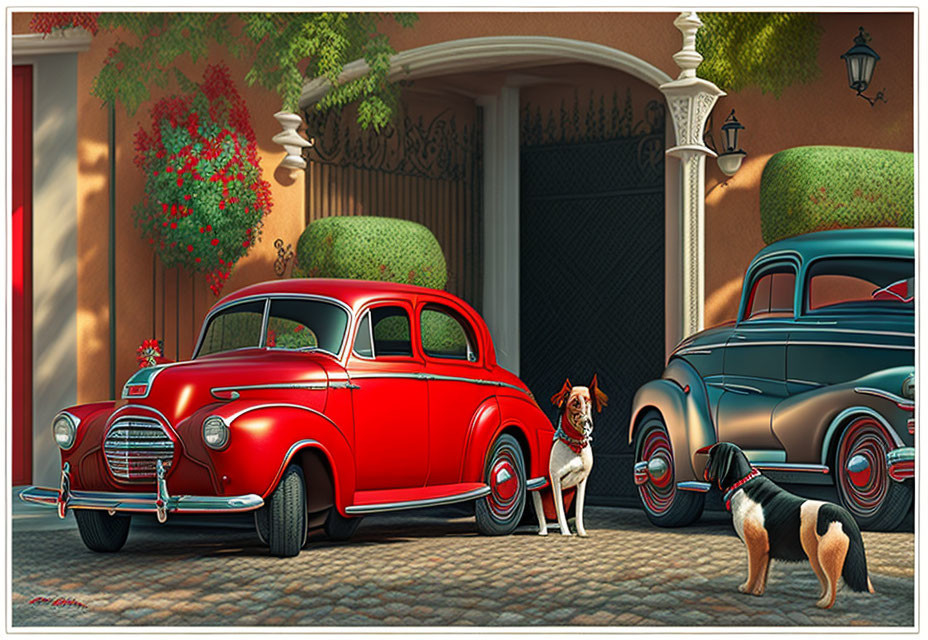 Colorful vintage cars and dogs in a street scene.