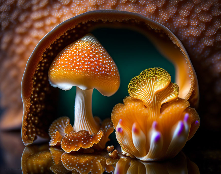 Vibrant orange mushroom with glistening surface under brown cap