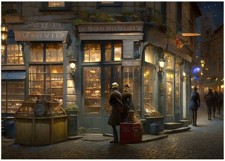 Couple standing outside warmly lit shop on cobblestone street