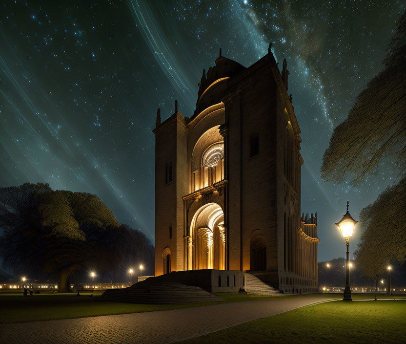 Historic building at night with starry sky and trees.