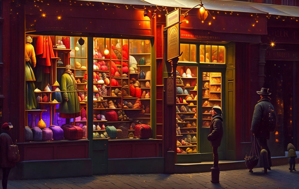 Person and child outside cozy yarn shop with colorful wool balls