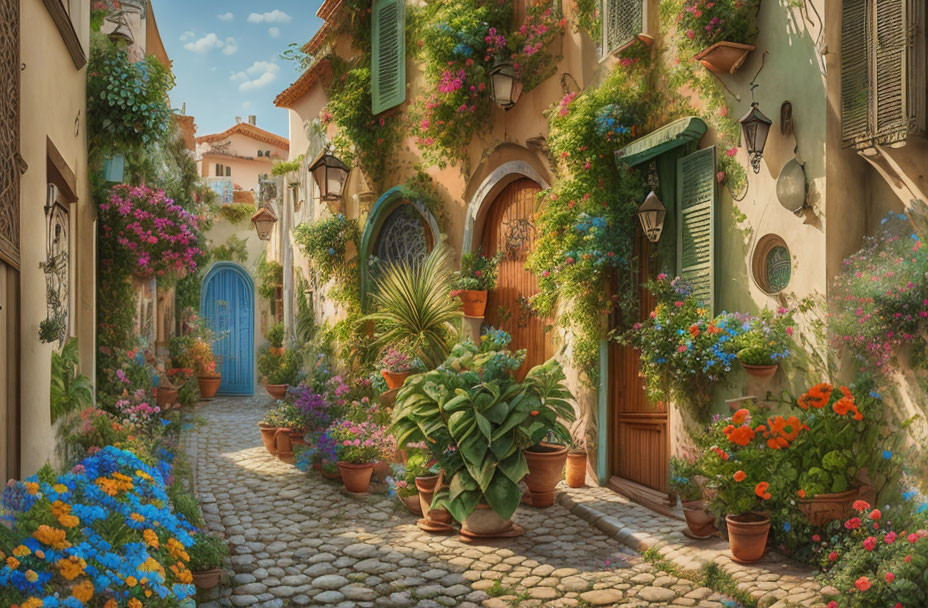 Charming cobblestone alleyway with colorful flowers and pastel houses