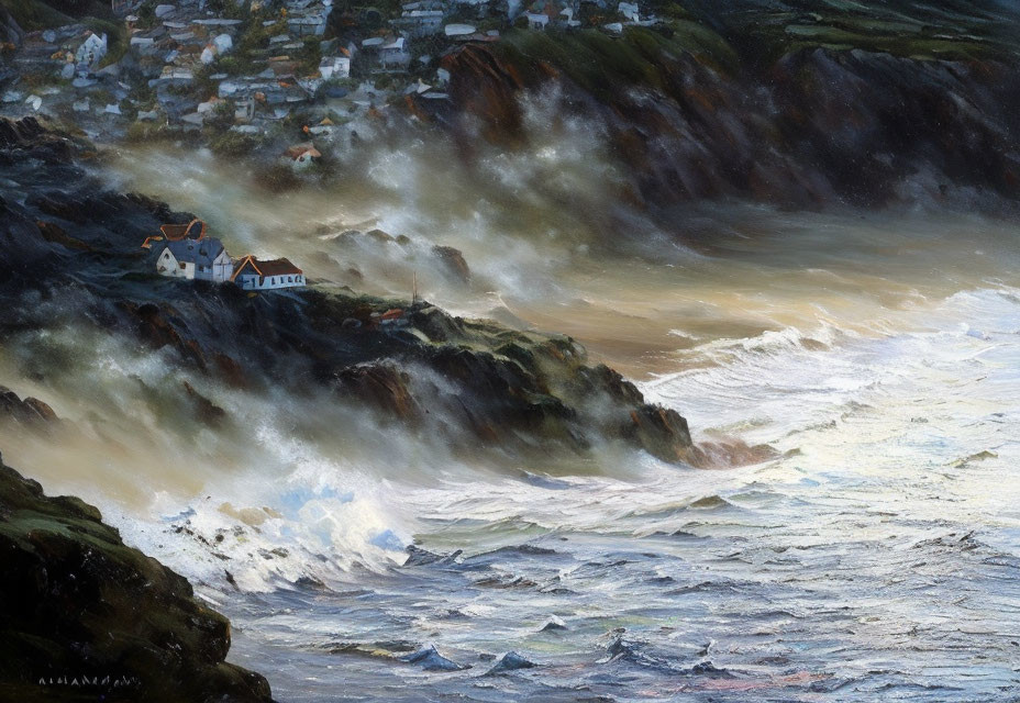 Stormy Coastal Scene: Sea Clashing on Rocky Cliffs with Perilous Houses