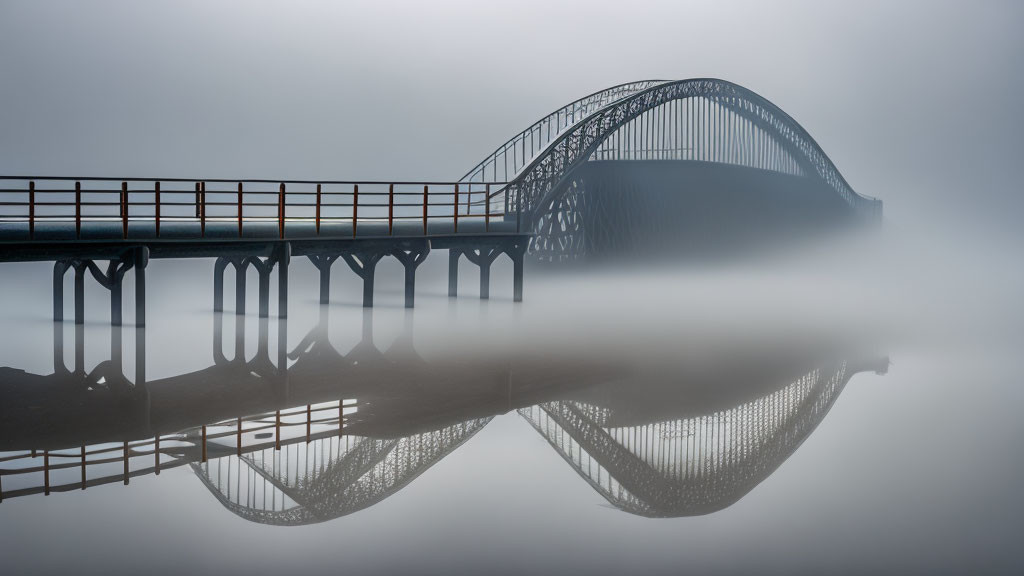 Bridge with Arch over Calm Waters in Misty Scene