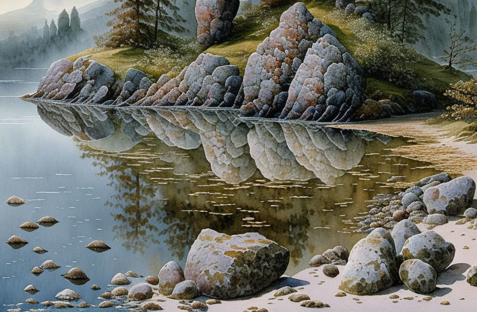 Tranquil rocky shore with pine trees and calm lake