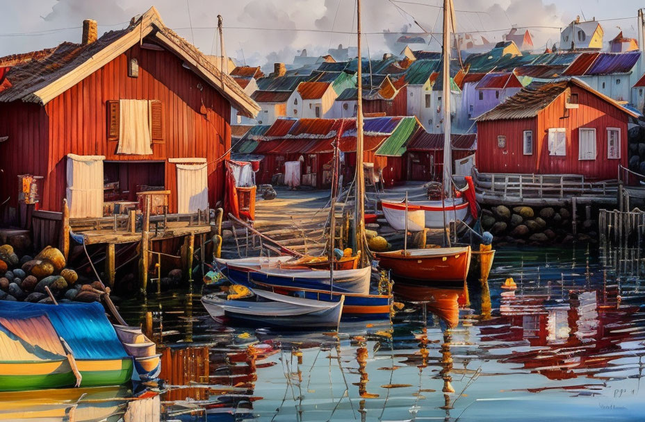 Colorful boats and red huts by calm water with quaint houses in soft light