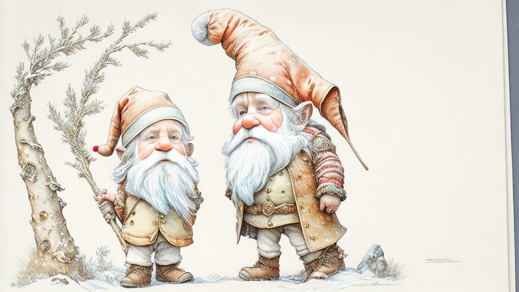 Whimsical bearded gnomes in tall hats walking in snow beside bare tree