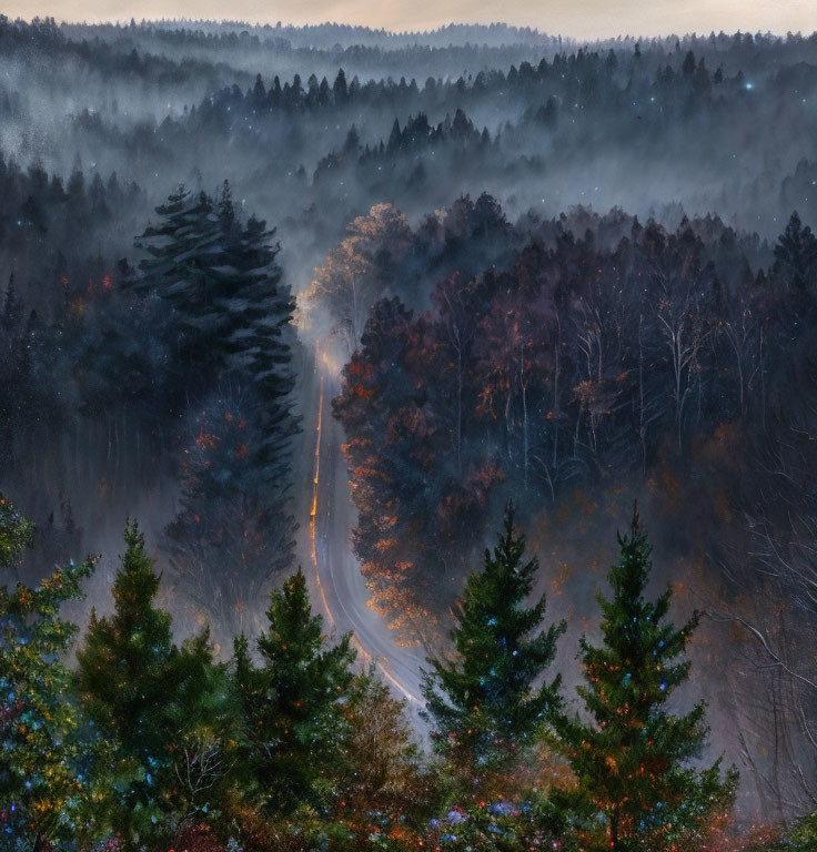 Twilight scene: Winding road through misty forest with glowing lights