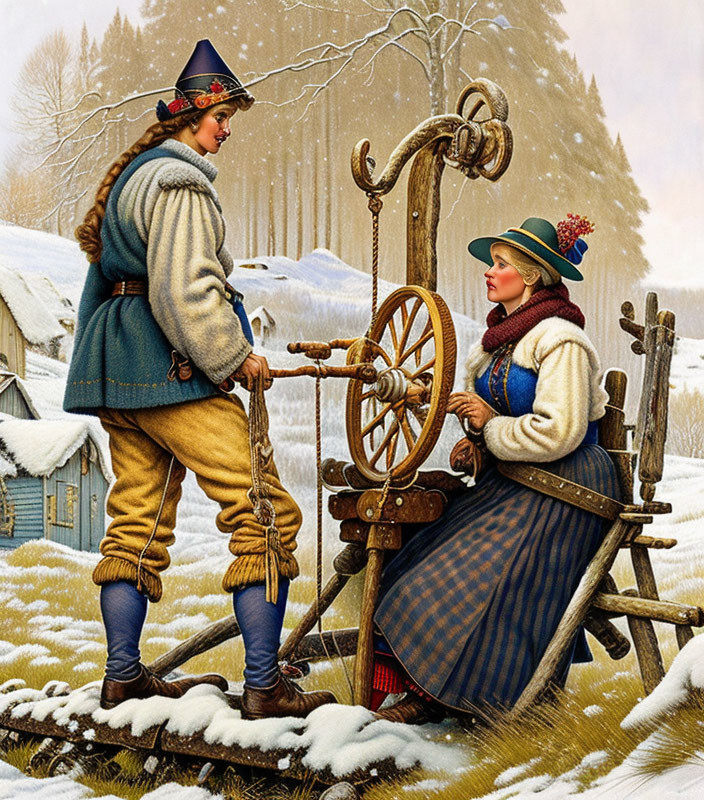 Traditional attire figures by spinning wheel in snowy landscape.