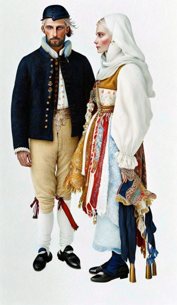 Man and woman in ornate European folk costumes with beard and white headscarf.