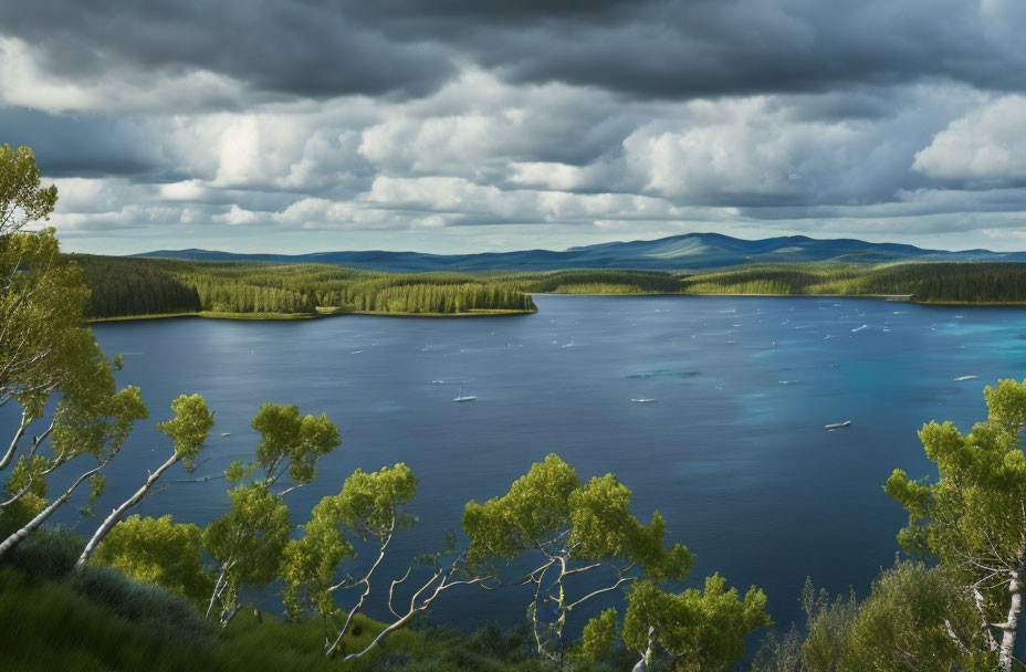 Tranquil lake in lush forest under dramatic sky