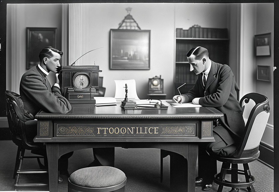 Two Men in Suits at Desk with Vintage Radio in Classic Office Setting