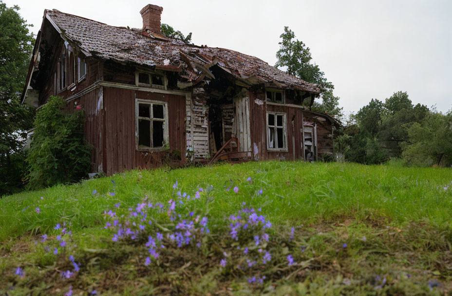 Abandoned wooden house with collapsing roof in overgrown field