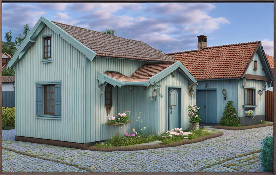 Charming blue wooden house with tiled roof in cityscape at dusk