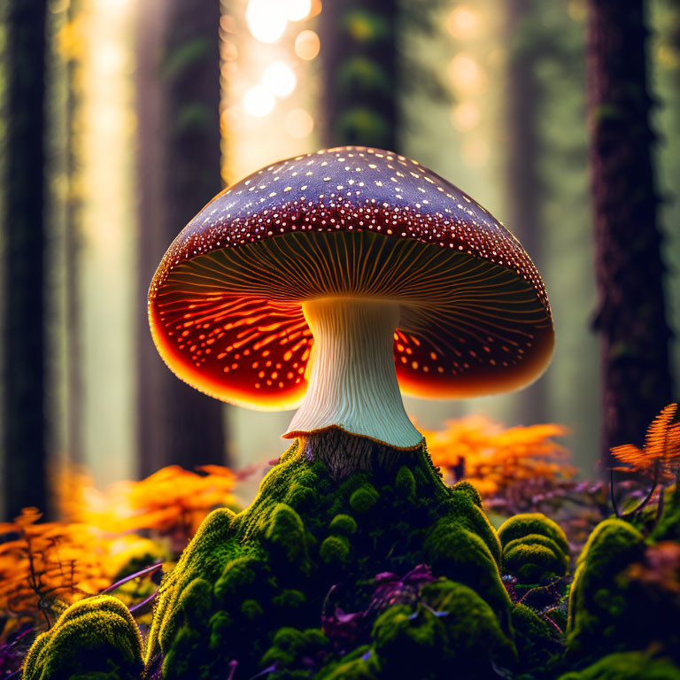 Vibrant red mushroom with white spots in forest sunlight