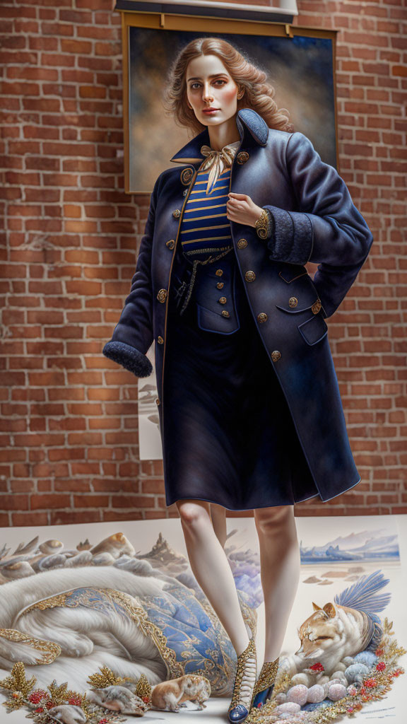 Stylish Woman in Navy Coat and Heels with Painting, Cats, Shells, and Coral