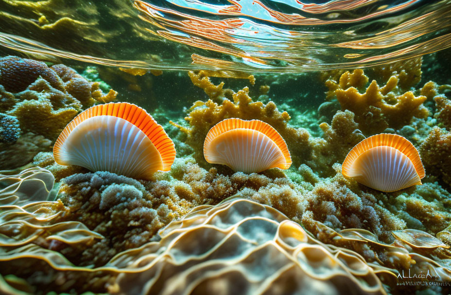 Vibrant orange shells on coral reef under sunlight patterns