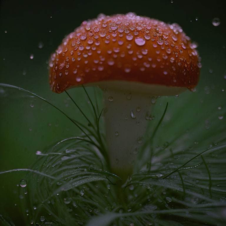 Vibrant Red Mushroom with Water Droplets in Dark Green Foliage