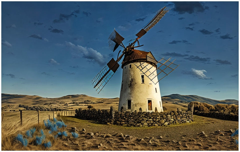 White windmill with four blades on stone base against cloudy blue sky and golden field