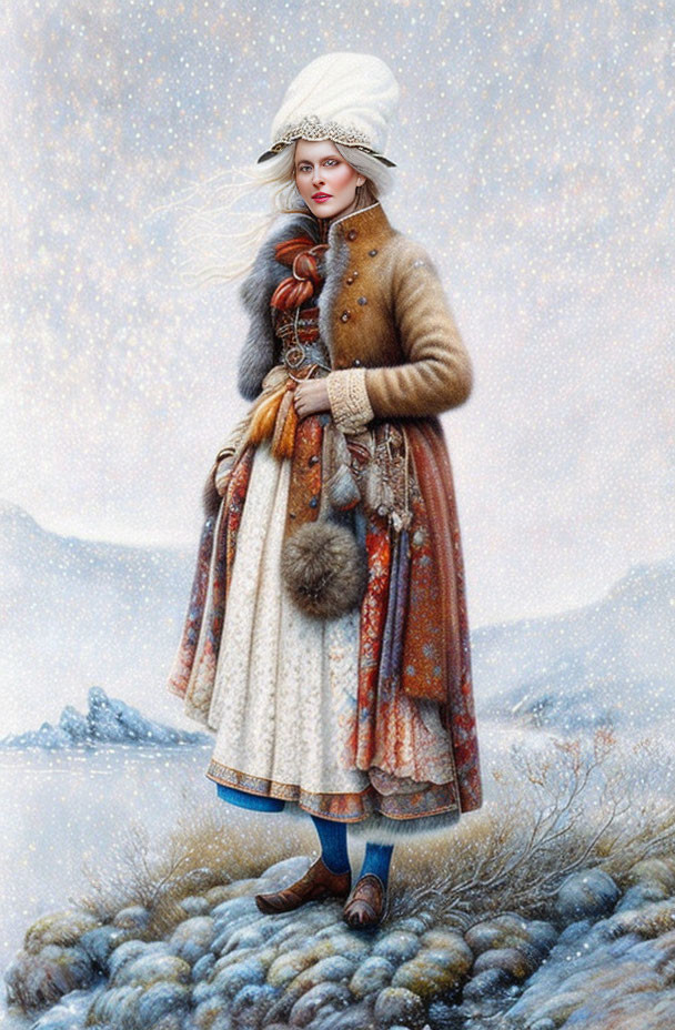 Historical winter attire illustration with fur accessories in snowy landscape