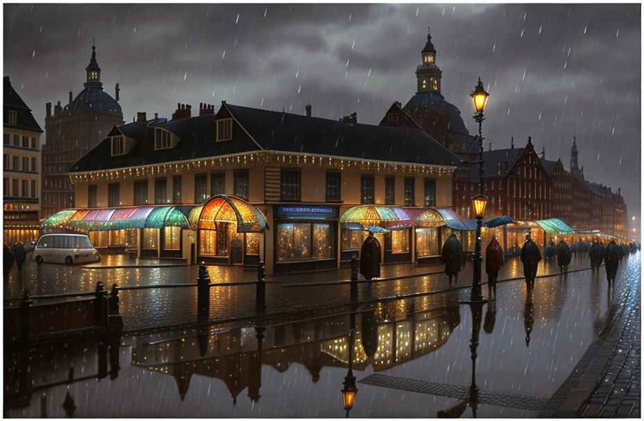 European city rainy evening: historic buildings, cobblestone streets, umbrellas.