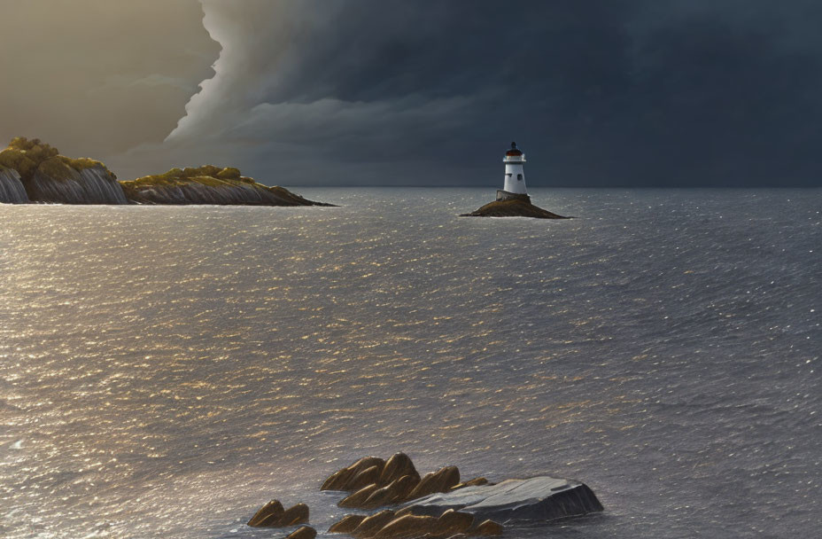 Lighthouse on rocky outcrop with stormy clouds and shimmering sunlight