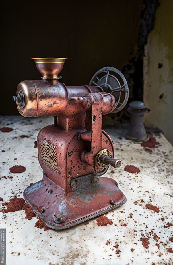 Vintage Red Meat Grinder with Bronze Top on Speckled Surface - Rustic Dark Background