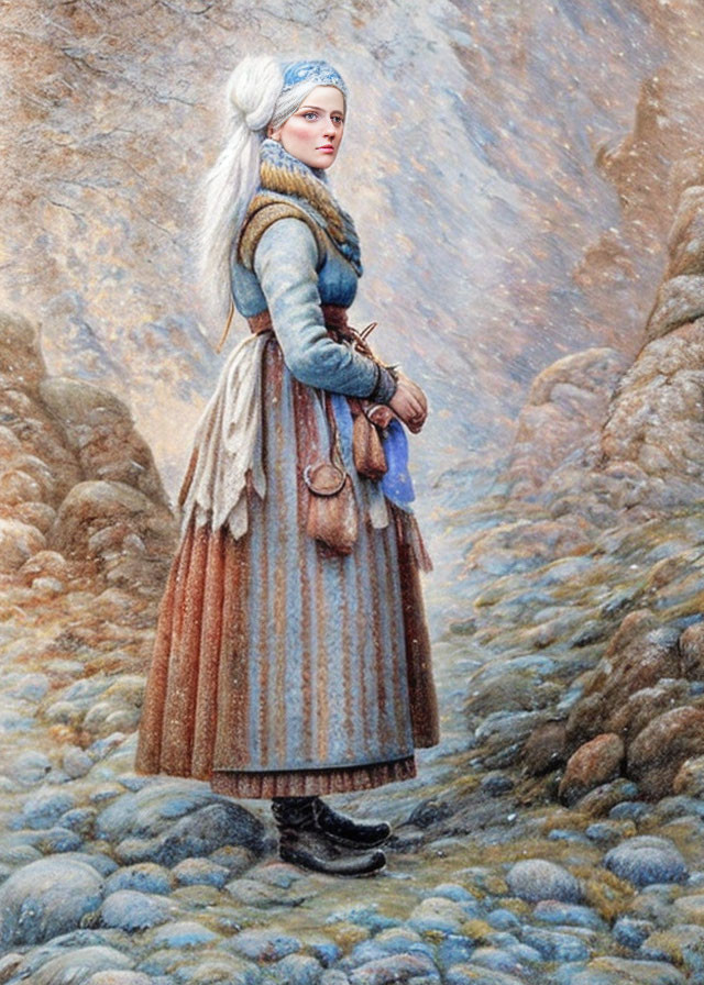 Young woman in historical attire walking through rocky terrain with blue scarf, brown skirt, and pouch