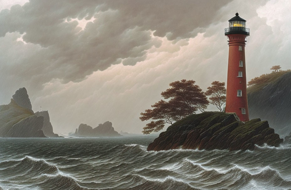 Red lighthouse on rocky outcrop in stormy sea with light rays