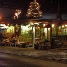 Festive night scene: Decorated street with lit trees and shopfront admiration