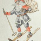 Santa Claus skiing with bear on snowy slope in winter attire