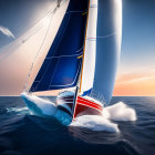 Sailboat with billowing sails on water at sunset