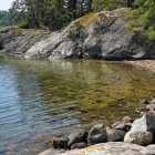 Tranquil rocky shore with pine trees and calm lake