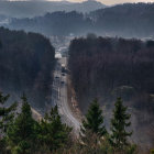 Twilight scene: Winding road through misty forest with glowing lights