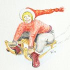 Child in Red Polka-Dot Winter Outfit Sleds Down Hill