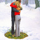 Couple Embraces in Snowy Landscape with Winter Flora