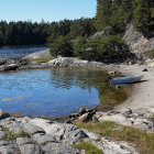 Serene lake landscape with tree-lined shore and wintry elements