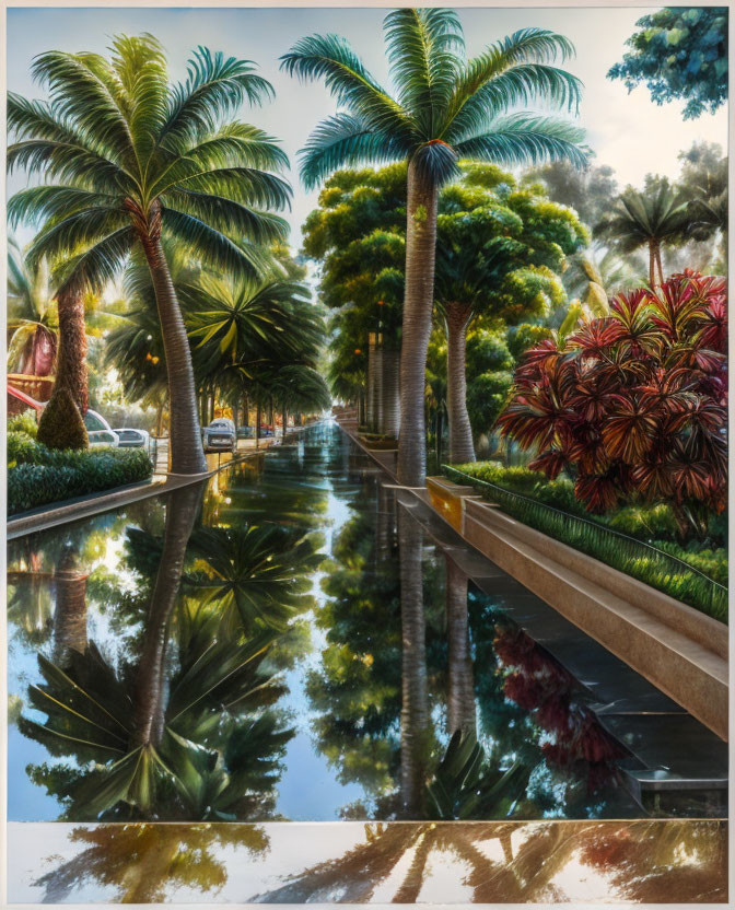 Tranquil palm tree-lined pathway over reflective water at sunrise or sunset