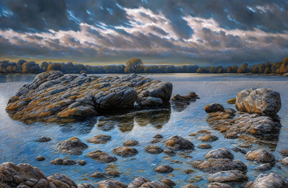 Tranquil lake scene with rocks under dramatic cloudy sky