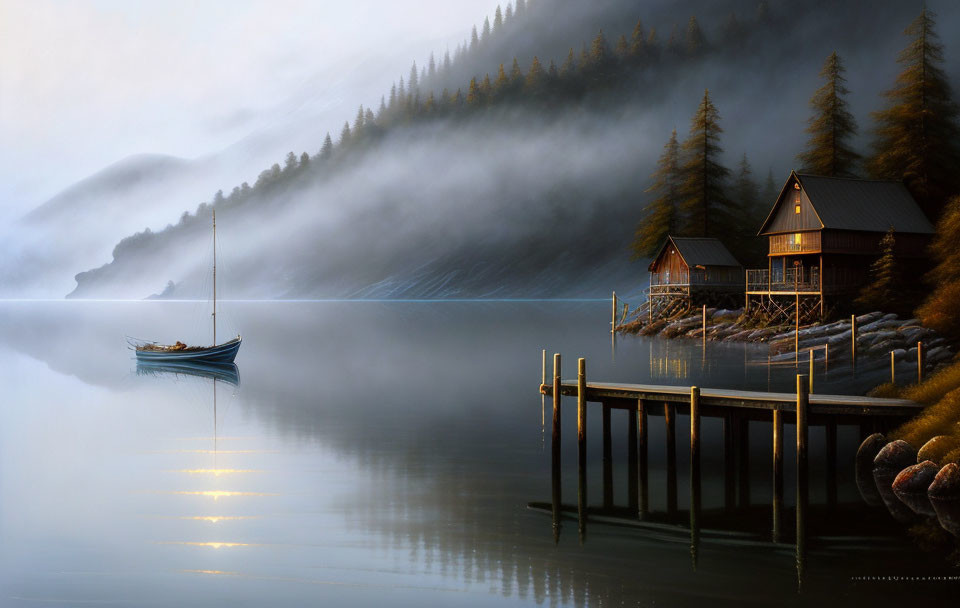 Tranquil lakeside scene with wooden dock, boat, cabin, trees, fog, and mist