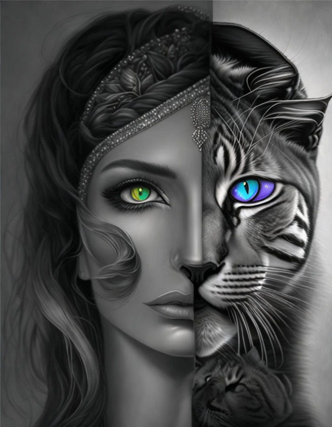 Half-face portrait of woman and tiger merge, green and blue eyes, intricate human-animal hybrid.